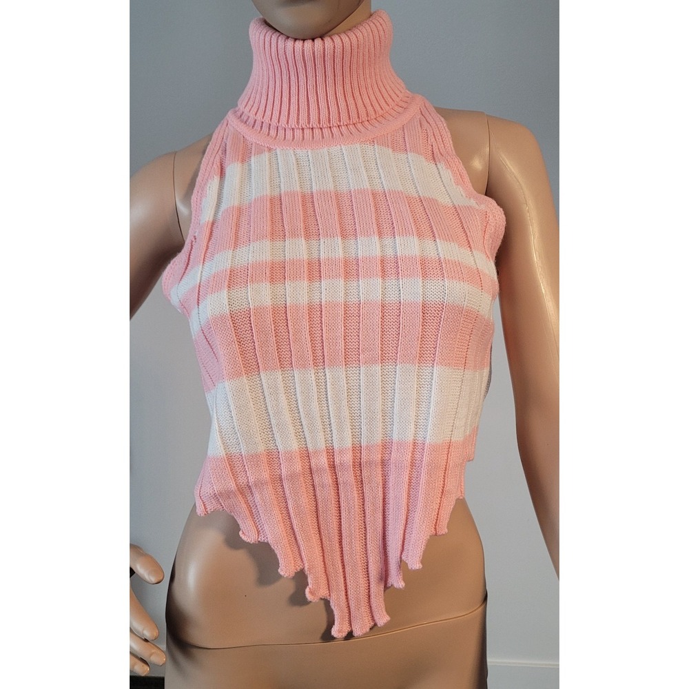 Montage Beverly Hills Pink White Rib Knit Halter Turtleneck Top NWT Size M